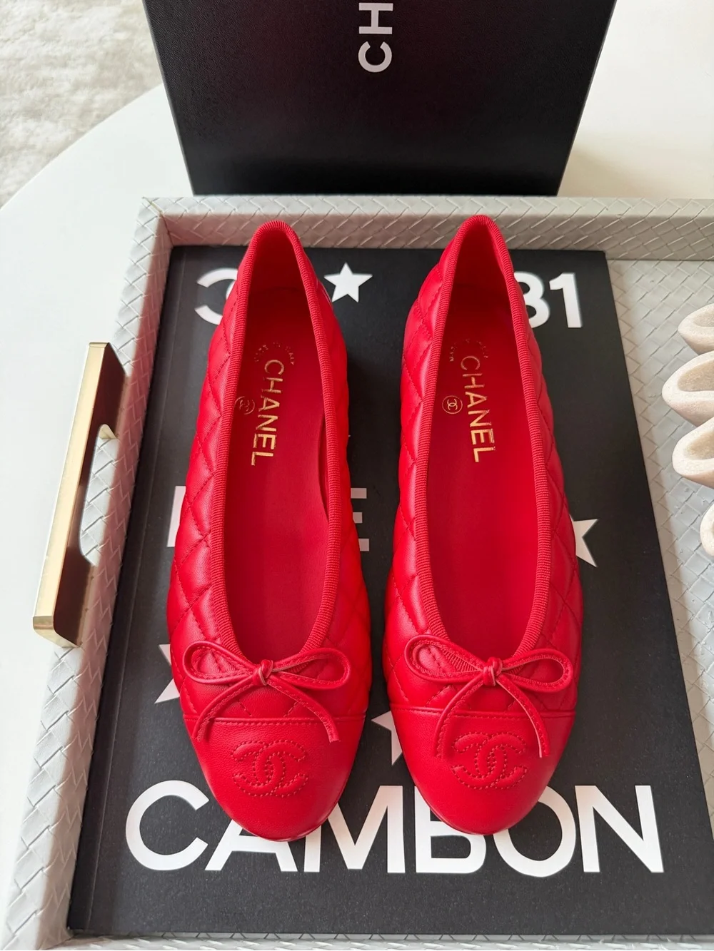 Chanel 26B Blazy Leather Quilted Red Agneau Rouge CC Logo Ballet Flats 38.5